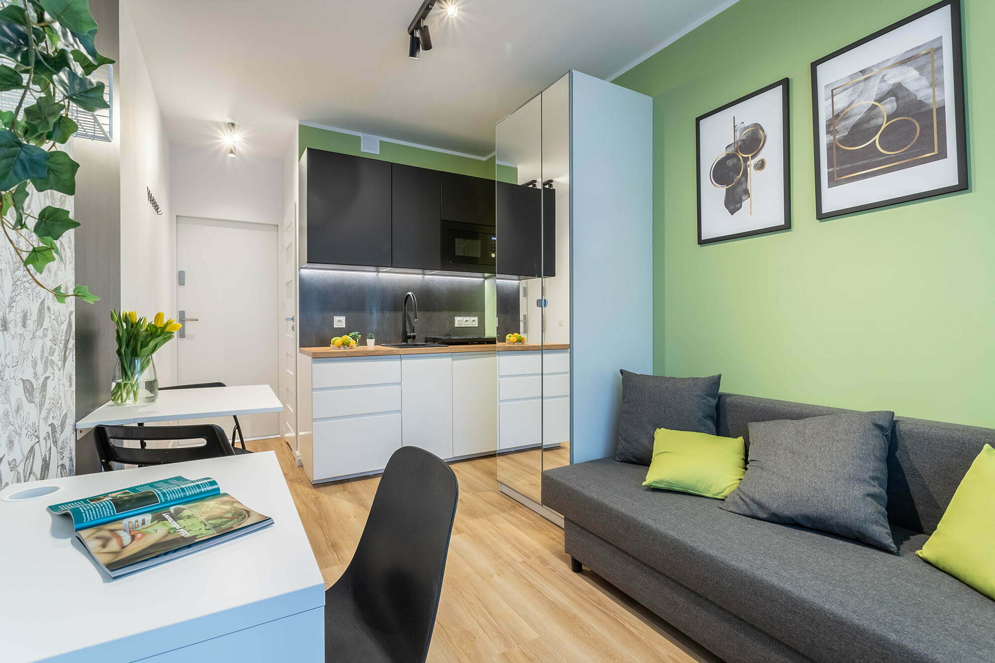 salon z aneksem kuchennym mały zielony nowoczesny aranżacja Beata Kołodziejczyk