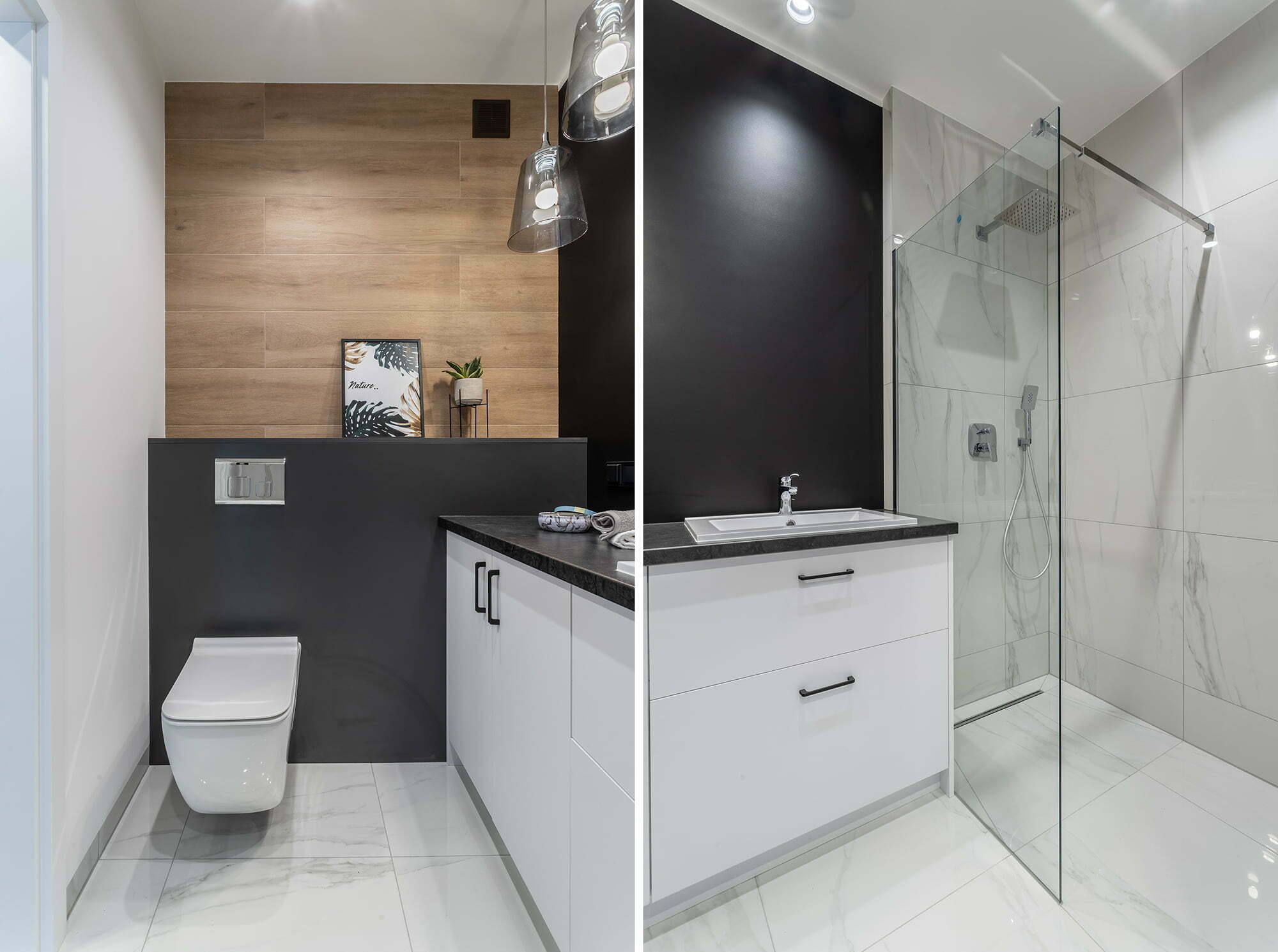 łazienka mała czarno biała z drewnem minimalistyczna aranżacja Beata Kołodziejczyk